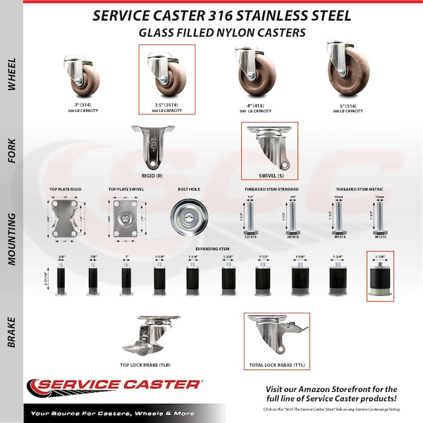 Service Caster 3.5 Inch 316SS High Temp Glass Filled Nylon 1-7/8 Inch Stem Caster Lock Brake SCC-SS316TTLEX20S3514-GFNSHT-178 - main